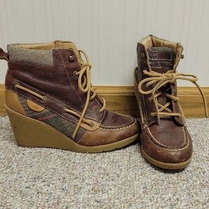 Sperry Womens Brown Wedge Ankle Leather W/plaid Fabric Shoes Sz 7.5
